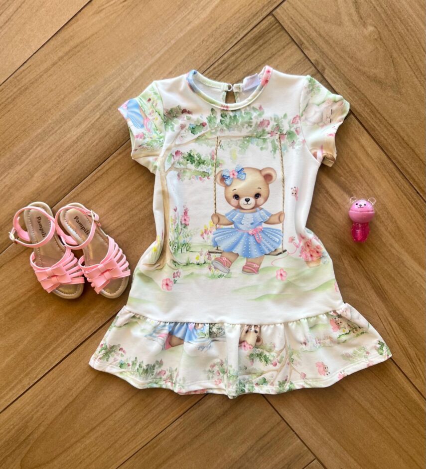 Vestido Infantil Feminino Curto em Molecotton Ursinho Fernanda ramos kids