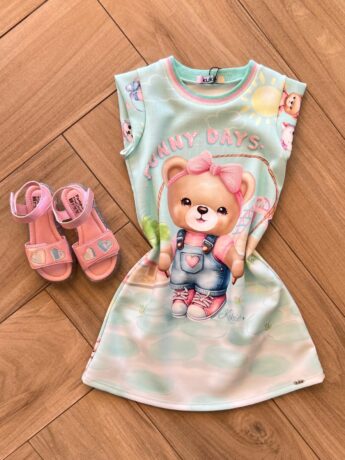Vestido Infantil Feminino Curto Estampa Ursinho Funny Days Fernanda Ramos Kids