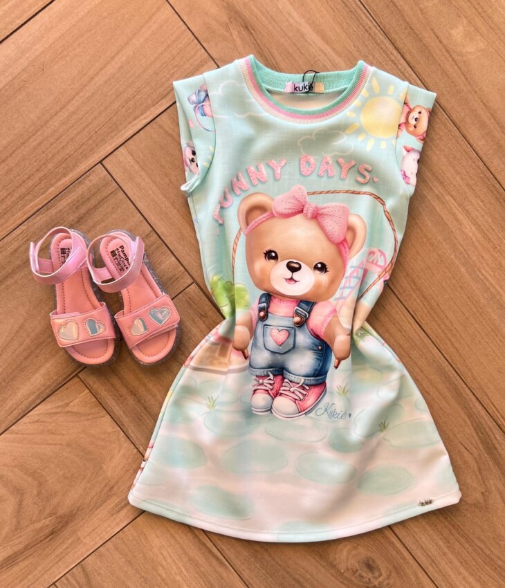 Vestido Infantil Feminino Curto Estampa Ursinho Funny Days Fernanda Ramos Kids