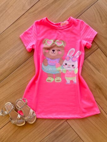 Vestido Infantil Feminino Curto Estampado em Meia Malha Textura Fernanda ramos kids