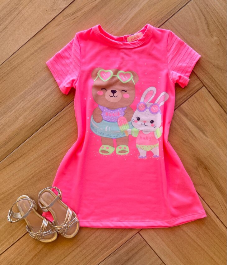 Vestido Infantil Feminino Curto Estampado em Meia Malha Textura Fernanda ramos kids