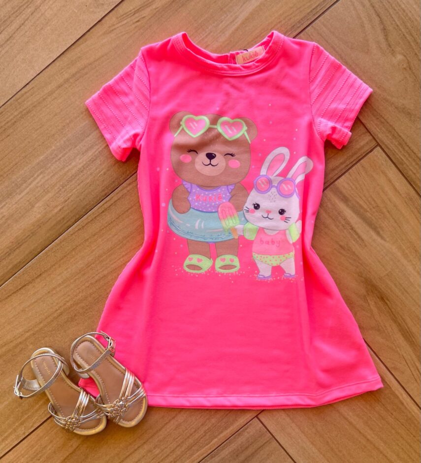 Vestido Infantil Feminino Curto Estampado em Meia Malha Textura Fernanda ramos kids