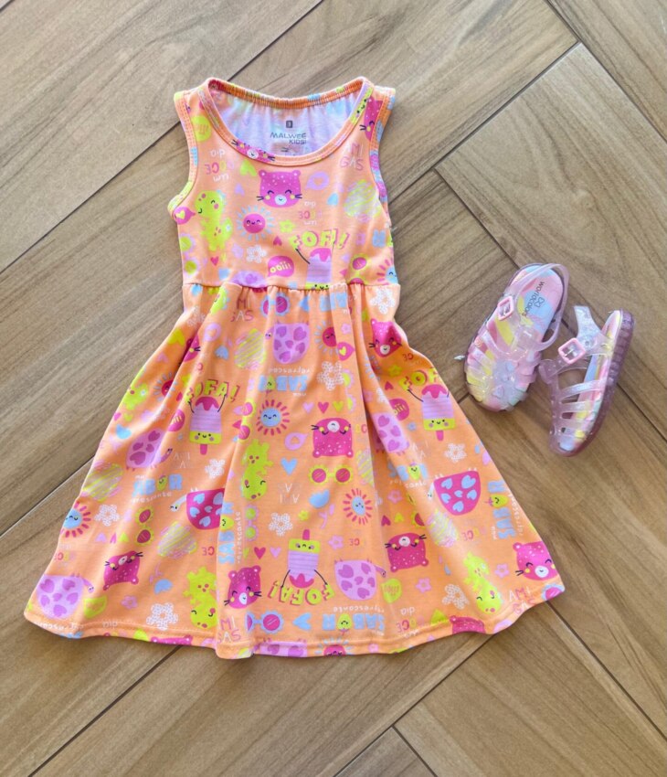 Vestido Infantil Feminino Curto Evase com Bichinho Laranja Fernanda Ramos Kids
