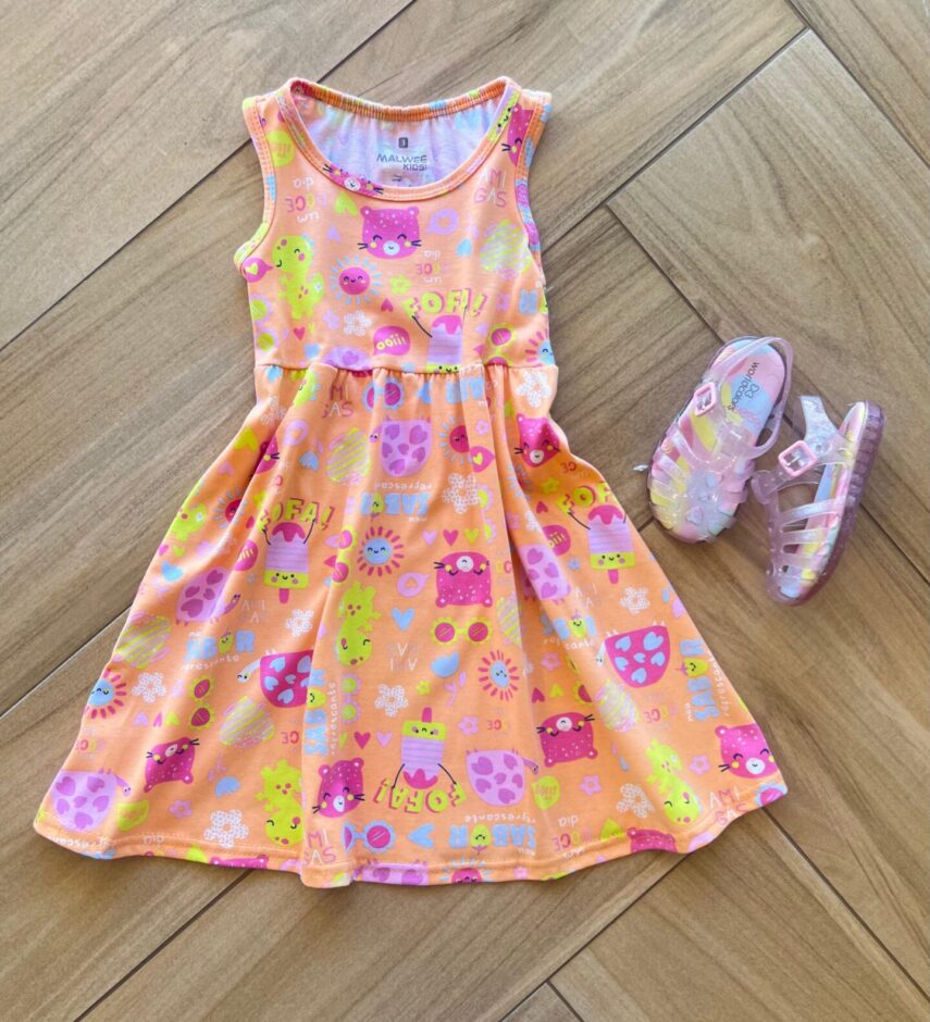 Vestido Infantil Feminino Curto Evase com Bichinho Laranja Fernanda Ramos Kids