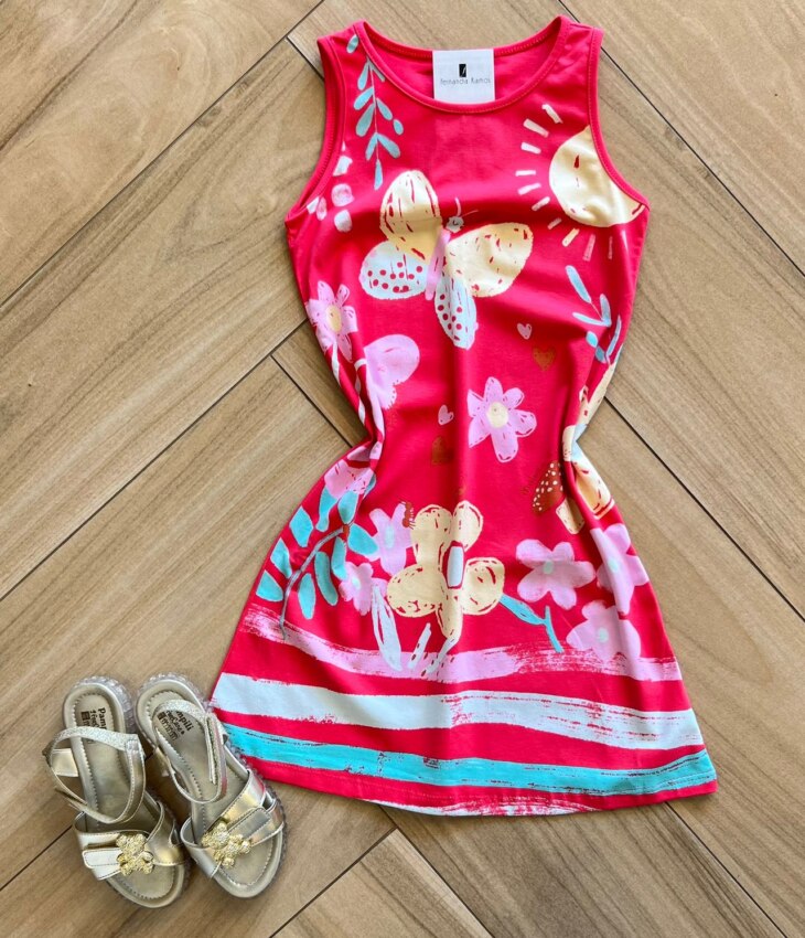 Vestido Infantil Feminino Curto Evase Estampa Borboleta e Floral Fernanda ramos kids