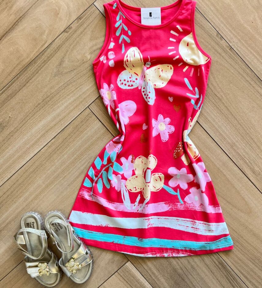 Vestido Infantil Feminino Curto Evase Estampa Borboleta e Floral Fernanda ramos kids
