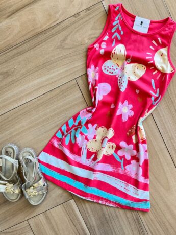 fernandaramoskids com br Vestido Infantil Feminino Curto Evase Estampa Borboleta e Floral 1