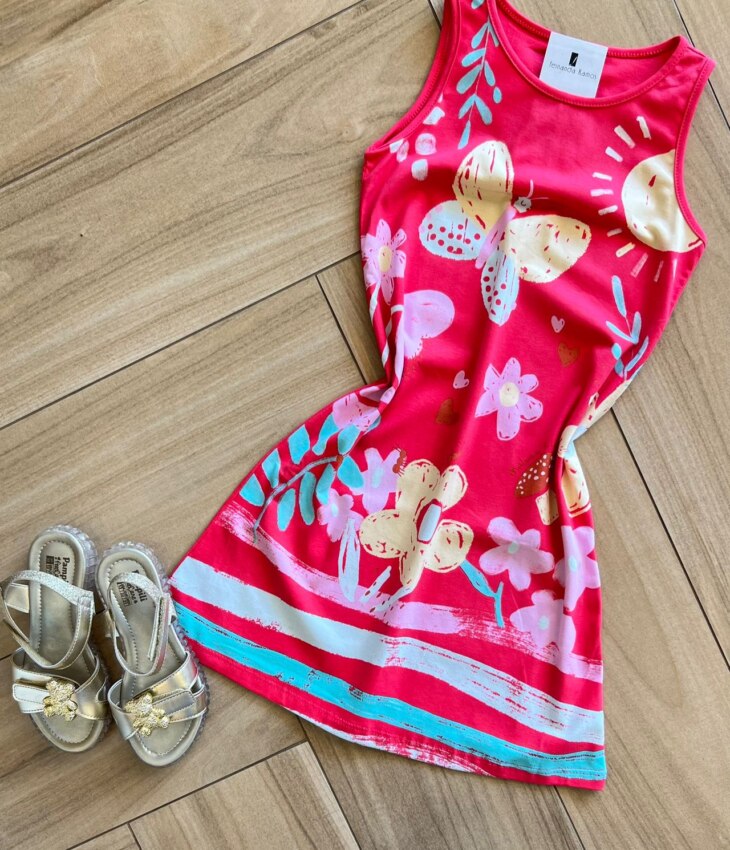 fernandaramoskids com br Vestido Infantil Feminino Curto Evase Estampa Borboleta e Floral 1