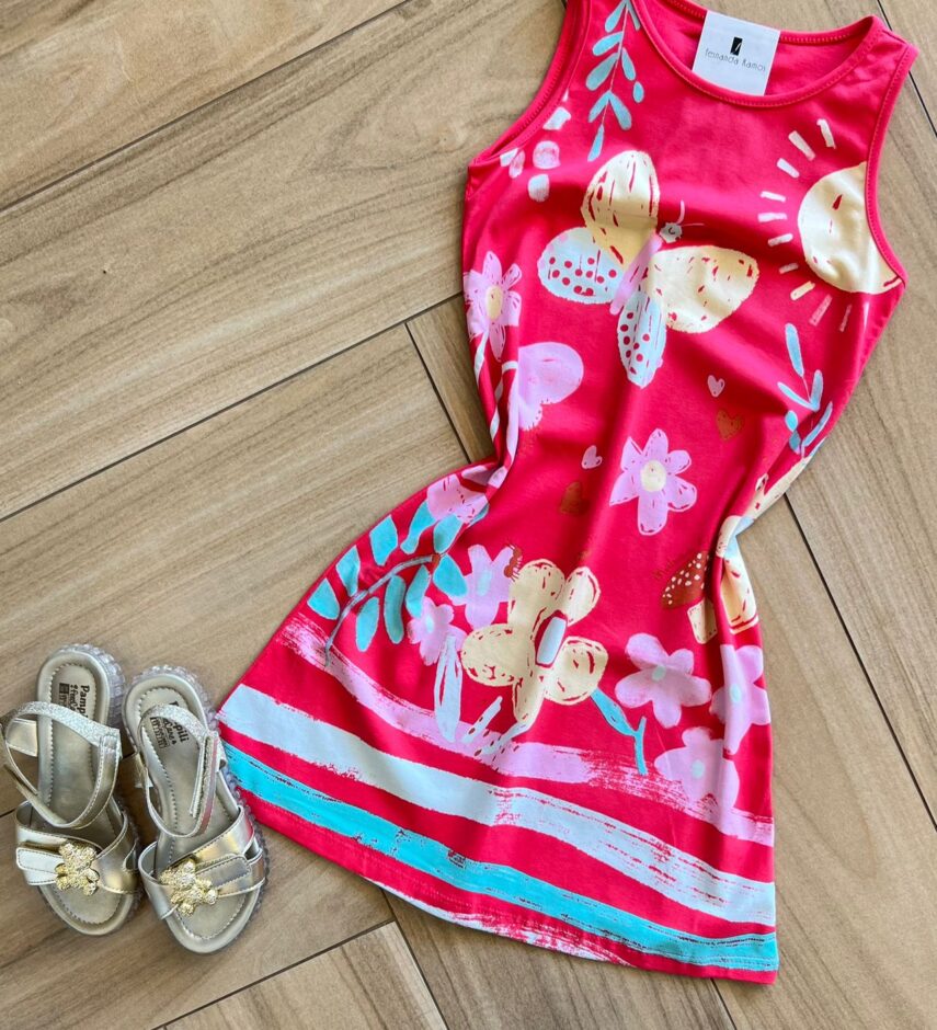 fernandaramoskids com br Vestido Infantil Feminino Curto Evase Estampa Borboleta e Floral 1