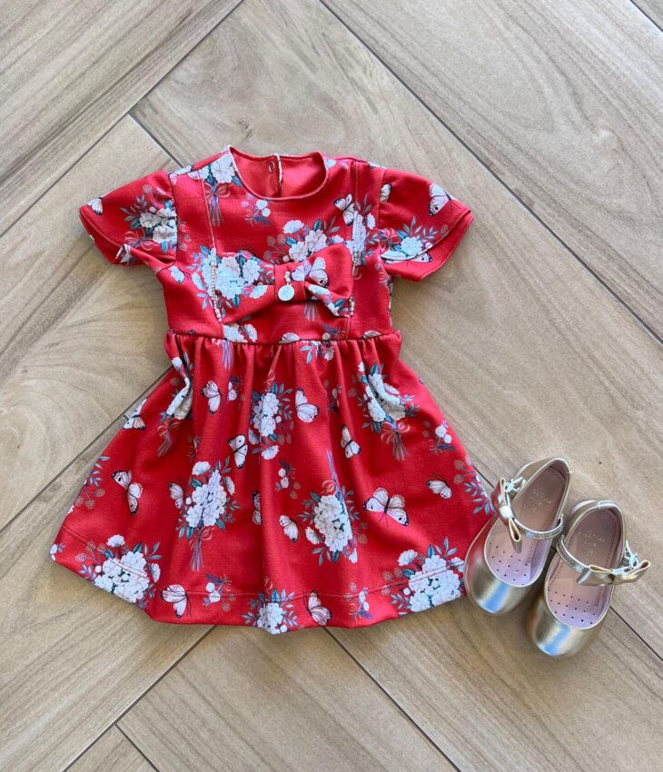 Vestido Infantil Feminino Curto Laço com Detalhes Estampado Fernanda ramos kids