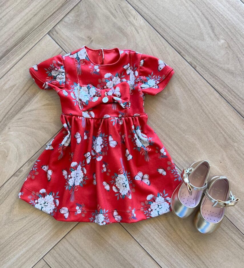 Vestido Infantil Feminino Curto Laço com Detalhes Estampado Fernanda ramos kids