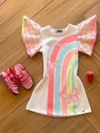 Vestido Infantil Feminino Curto Manga Arco Iris Fernanda ramos kids