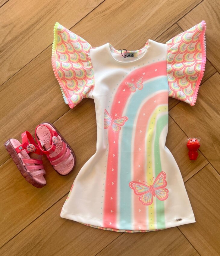 Vestido Infantil Feminino Curto Manga Arco Iris Fernanda ramos kids