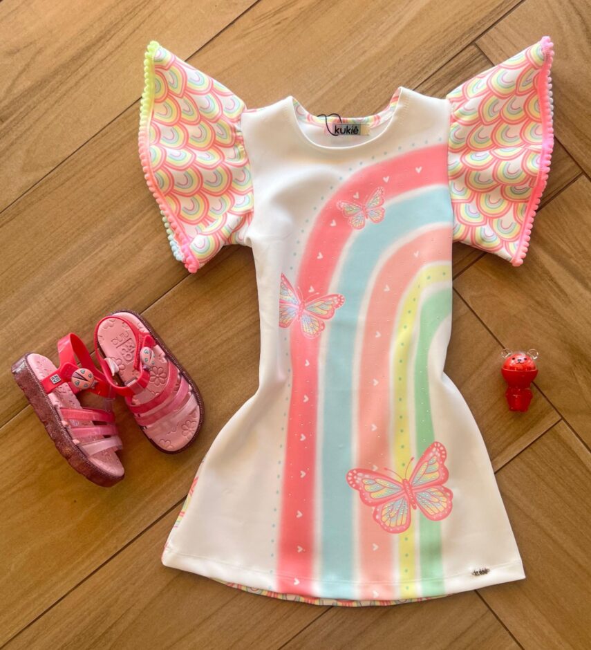 Vestido Infantil Feminino Curto Manga Arco Iris Fernanda ramos kids