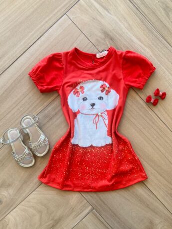 Vestido Infantil Feminino Curto Meia Malha Textura Dog Fernanda ramos kids
