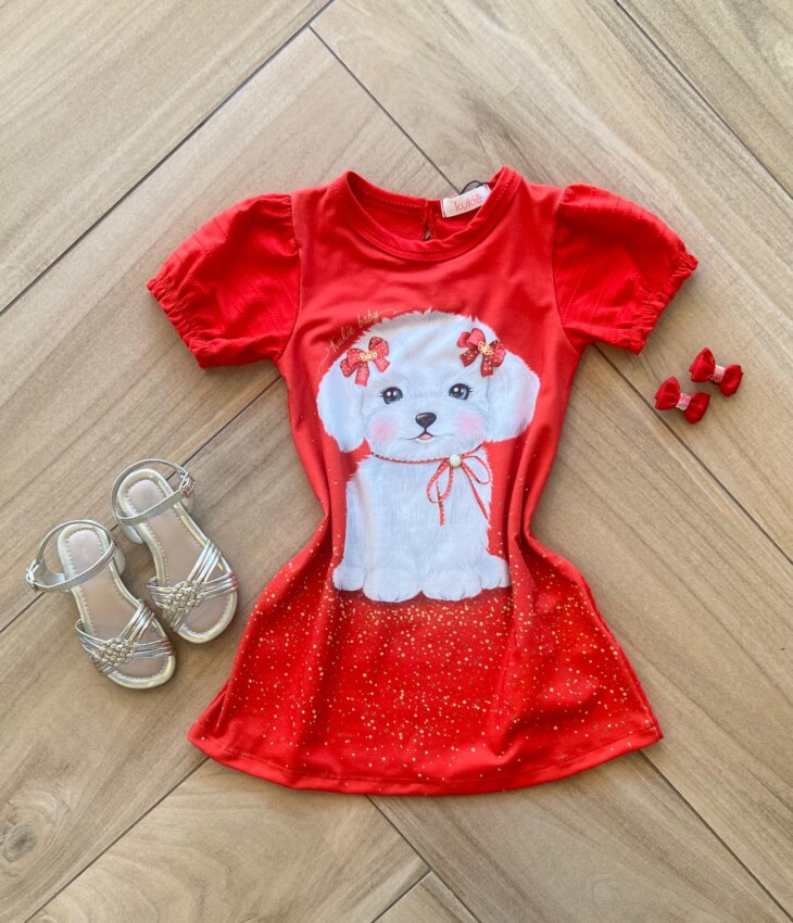 Vestido Infantil Feminino Curto Meia Malha Textura Dog Fernanda ramos kids