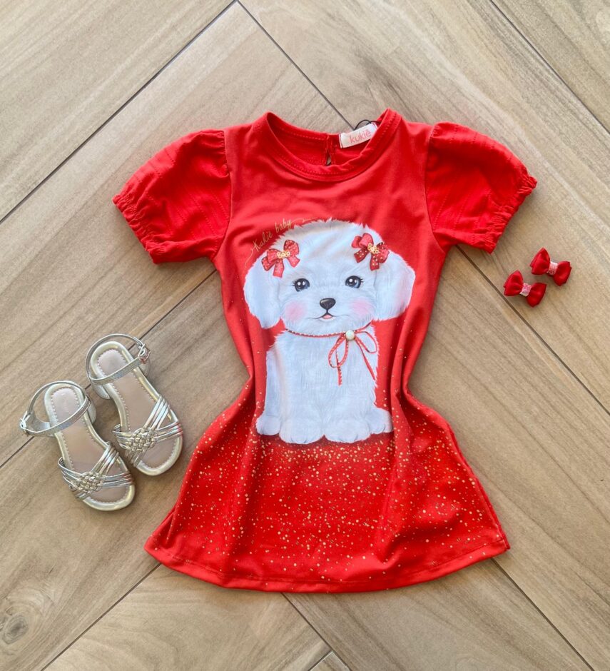 Vestido Infantil Feminino Curto Meia Malha Textura Dog Fernanda ramos kids