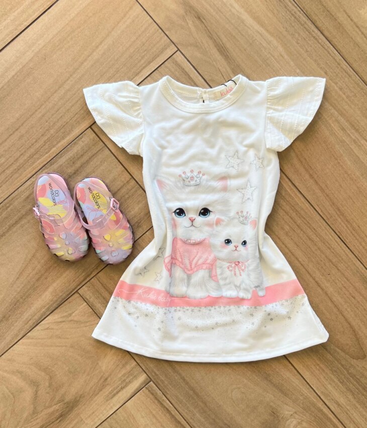 Vestido Infantil Feminino Curto Meia Malha Textura Gato Fernanda ramos kids