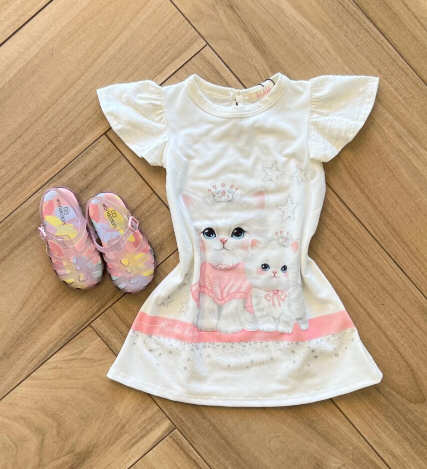 Vestido Infantil Feminino Curto Meia Malha Textura Gato Fernanda ramos kids