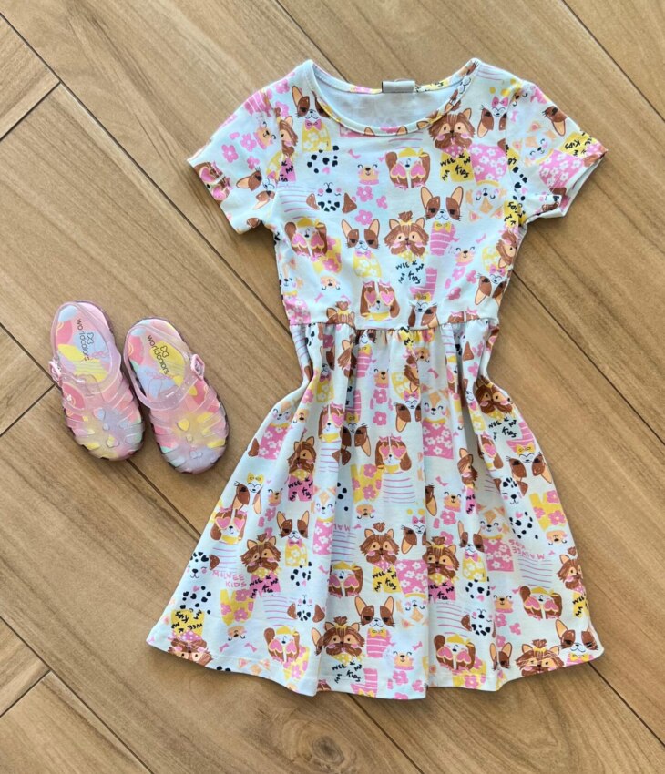 Vestido Infantil Feminino Curto Rodado Manga Curta Estampa Animal Fernanda Ramos Kids