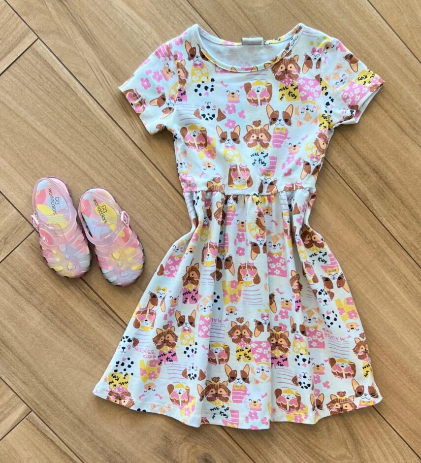 Vestido Infantil Feminino Curto Rodado Manga Curta Estampa Animal Fernanda Ramos Kids