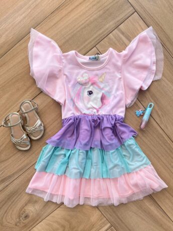 Vestido Infantil Feminino Curto Unicórnio Camadas em Tule Fernanda ramos kids