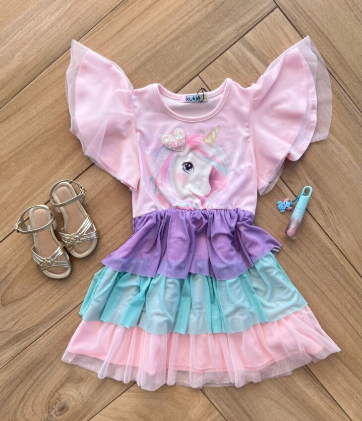 Vestido Infantil Feminino Curto Unicórnio Camadas em Tule Fernanda ramos kids