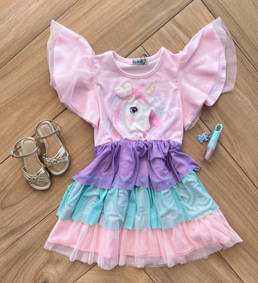 Vestido Infantil Feminino Curto Unicórnio Camadas em Tule Fernanda ramos kids