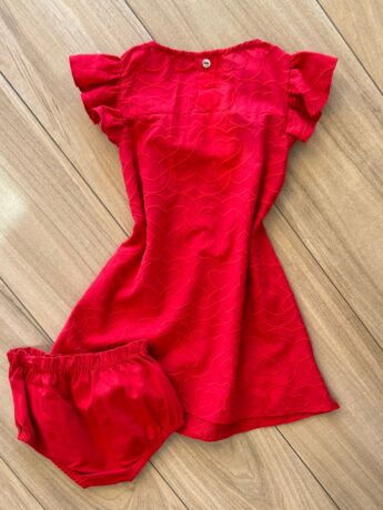 Vestido Infantil Feminino Detalhe Laço e Corações e Calcinha Vermelho Fernanda Ramos Kids