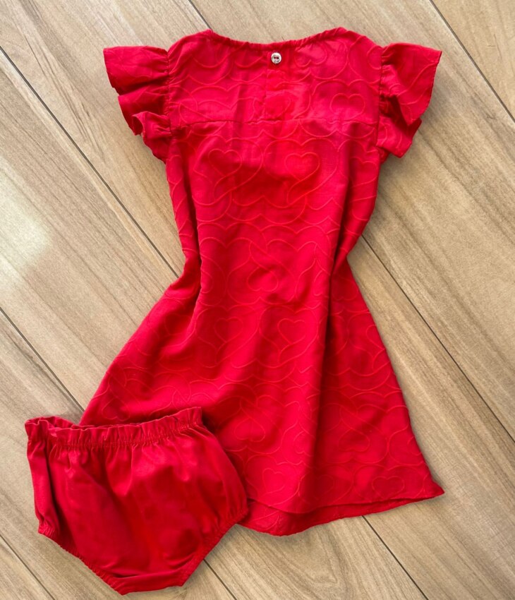 Vestido Infantil Feminino Detalhe Laço e Corações e Calcinha Vermelho Fernanda Ramos Kids