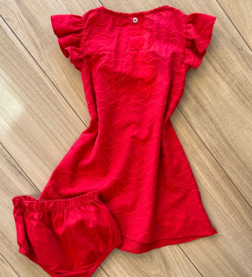 Vestido Infantil Feminino Detalhe Laço e Corações e Calcinha Vermelho Fernanda Ramos Kids