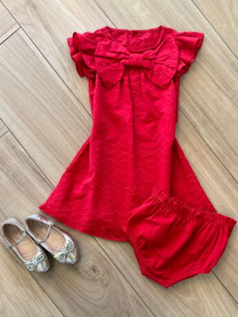 Vestido Infantil Feminino Detalhe Laço e Corações e Calcinha Vermelho Fernanda Ramos Kids