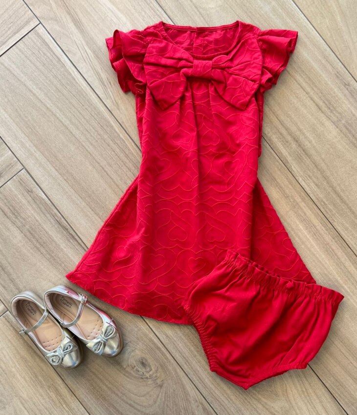 Vestido Infantil Feminino Detalhe Laço e Corações e Calcinha Vermelho Fernanda Ramos Kids