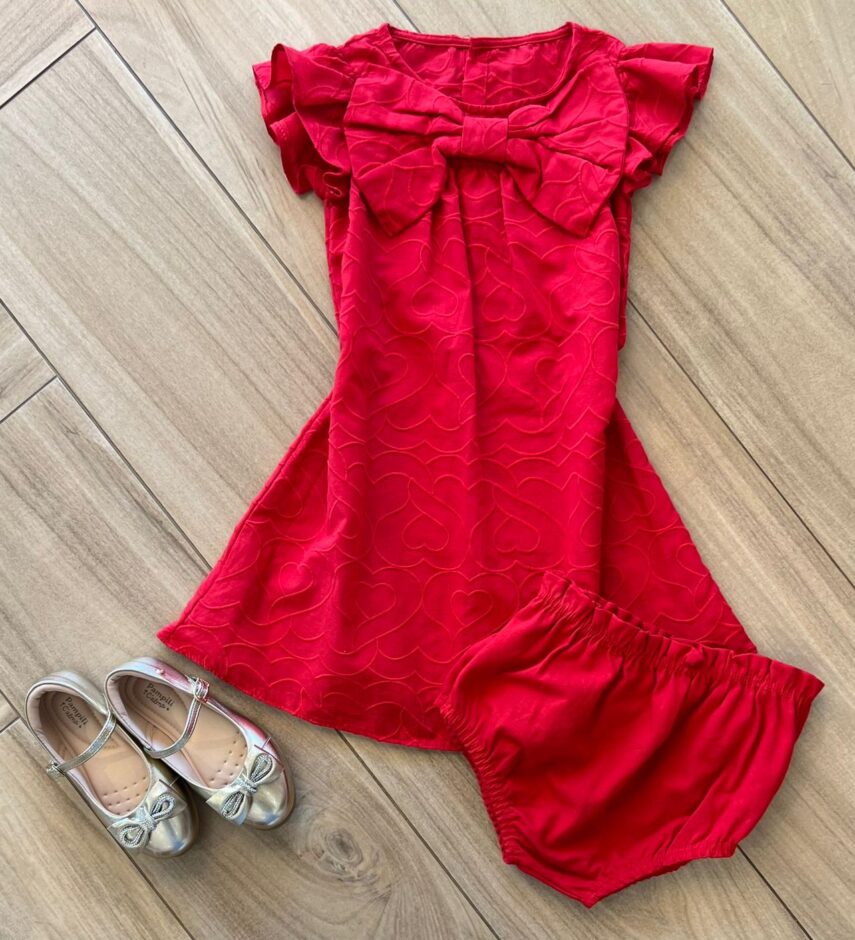 Vestido Infantil Feminino Detalhe Laço e Corações e Calcinha Vermelho Fernanda Ramos Kids