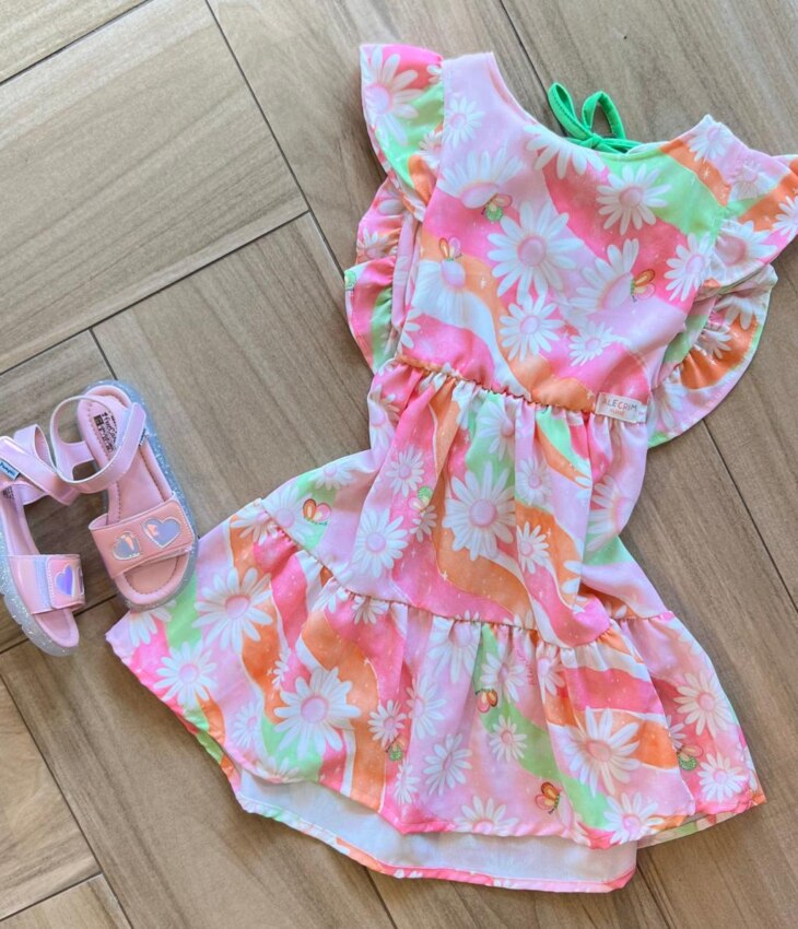 fernandaramoskids com br Vestido Infantil Feminino Estampa Arco Iris e Margarida 1
