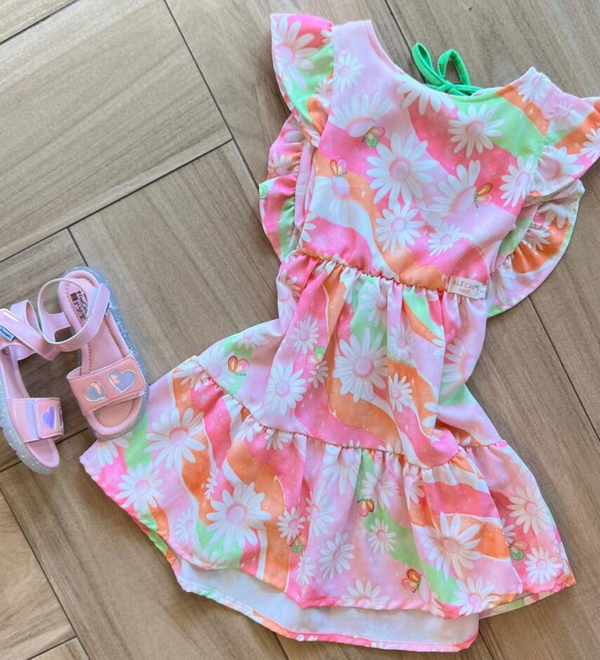 fernandaramoskids com br Vestido Infantil Feminino Estampa Arco Iris e Margarida 1