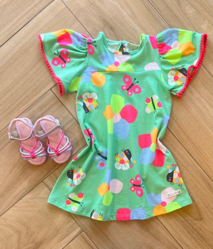 Vestido Infantil Feminino Estampa com Detalhe de Aplicação na Manga Fernanda ramos kids