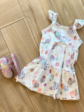 fernandaramoskids com br Vestido Infantil Feminino Estampa Conchas do Mar com Brilho 1