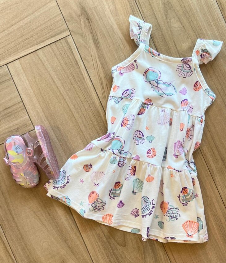 fernandaramoskids com br Vestido Infantil Feminino Estampa Conchas do Mar com Brilho 1