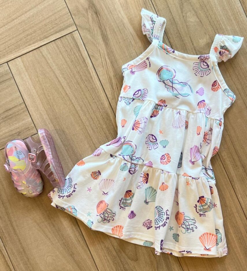 fernandaramoskids com br Vestido Infantil Feminino Estampa Conchas do Mar com Brilho 1