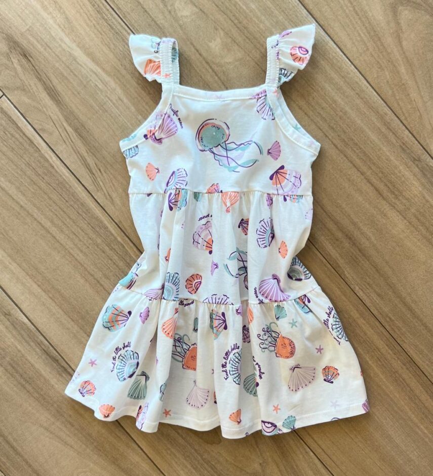 fernandaramoskids com br Vestido Infantil Feminino Estampa Conchas do Mar com Brilho 2