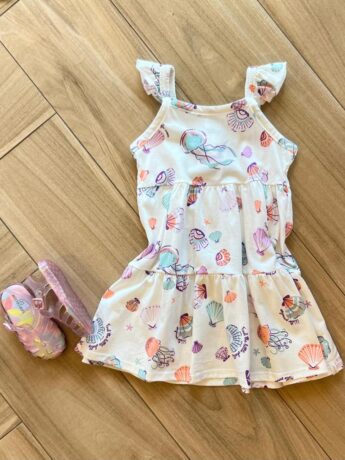Vestido Infantil Feminino Estampa Conchas do Mar com Brilho Fernanda ramos kids