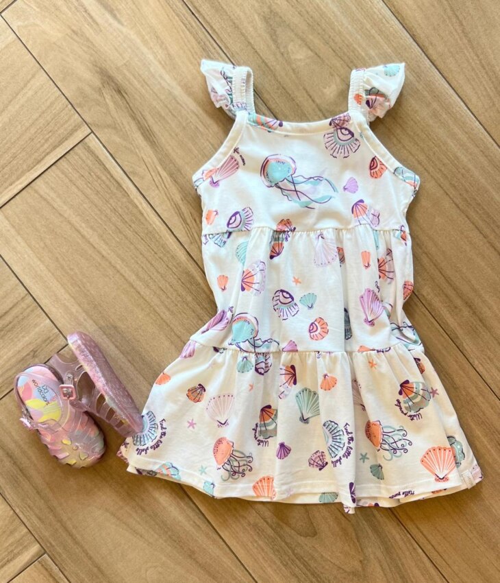 Vestido Infantil Feminino Estampa Conchas do Mar com Brilho Fernanda ramos kids