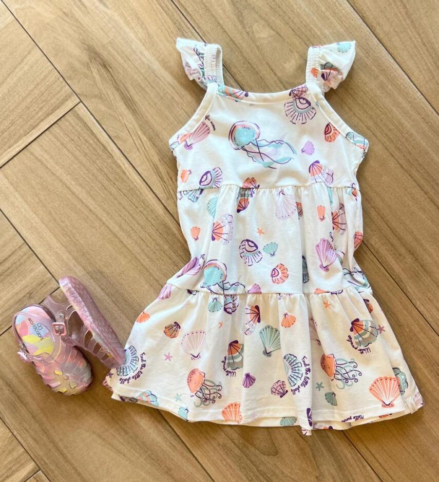 Vestido Infantil Feminino Estampa Conchas do Mar com Brilho Fernanda ramos kids