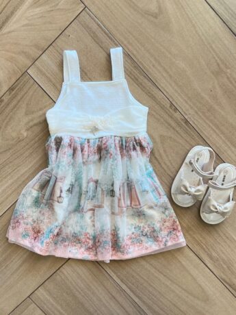 Vestido Infantil Feminino Estampado com Detalhe em Pérola e Tule Fernanda ramos kids
