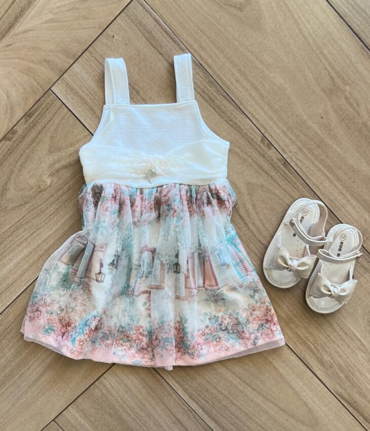 Vestido Infantil Feminino Estampado com Detalhe em Pérola e Tule Fernanda ramos kids