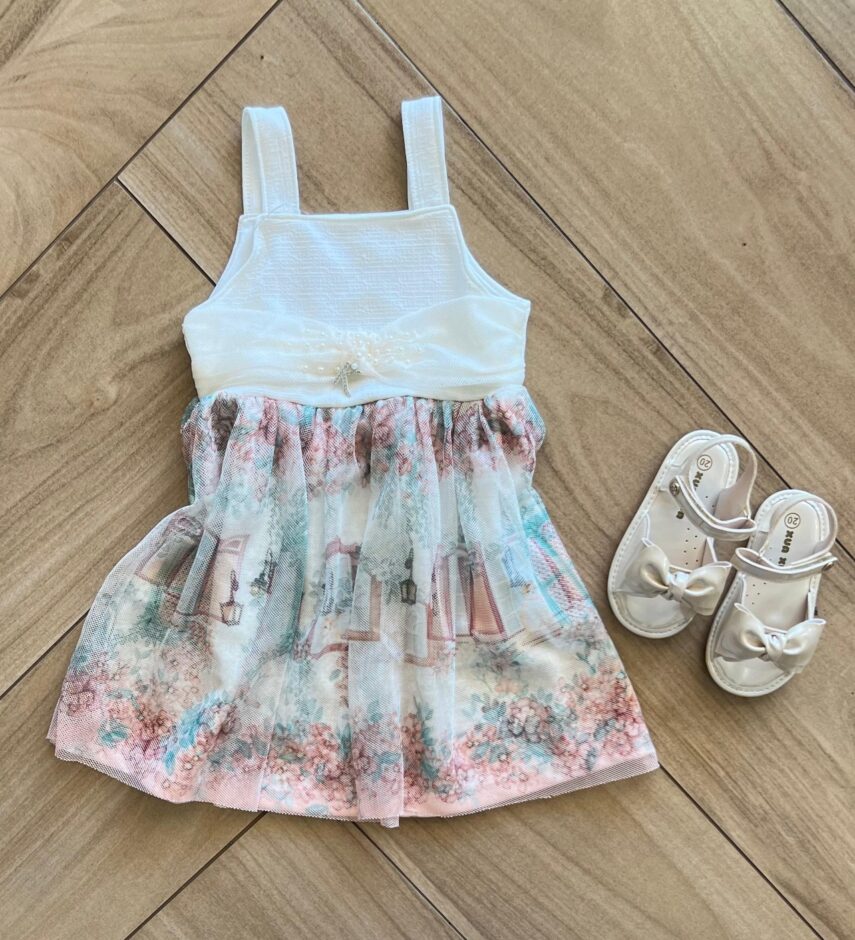 Vestido Infantil Feminino Estampado com Detalhe em Pérola e Tule Fernanda ramos kids