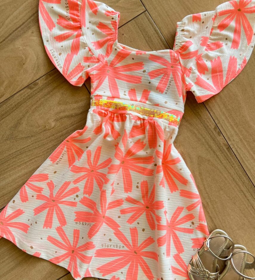Vestido Infantil Feminino Flor Rosa Neon 1