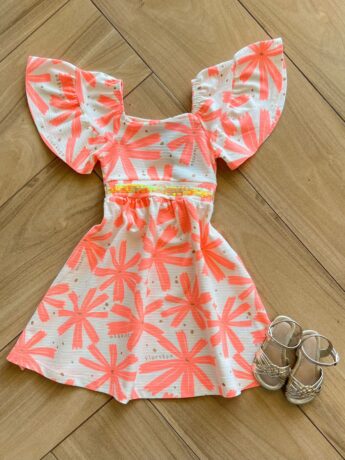 Vestido Infantil Feminino Flor Rosa Neon Fernanda Ramos Kids