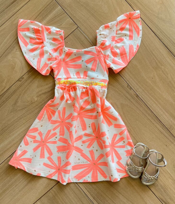 Vestido Infantil Feminino Flor Rosa Neon Fernanda Ramos Kids